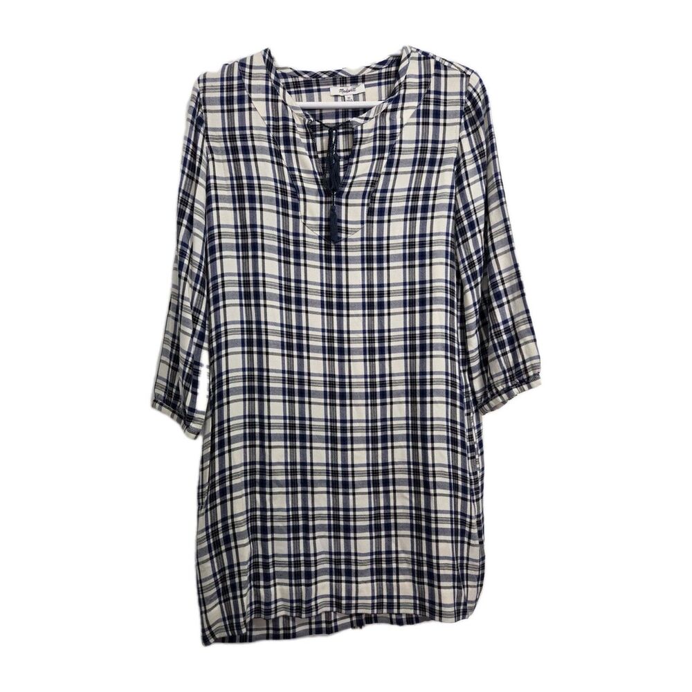 Madewell Plaid Dress XS Blue Ivory | Pockets | 3/4 Sleeve Viscose Tunic Dress - Picture 2 of 8